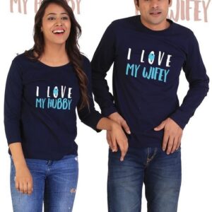 Love My Hubby, Love My Wifey Couple Full Sleeves Navy