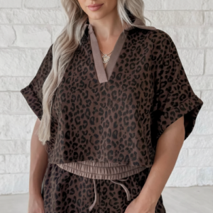 Leopard Collared V-Neck Top & Shorts Set