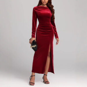 Women's Clothing Slit Formal Dress Pleuche Dress