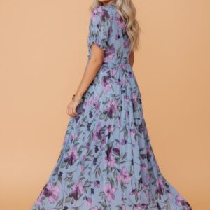 Floral Frilled V-Neck Short Sleeve Maxi Dress