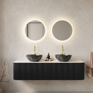DINA 60 Bathroom Vanity With Sinks, Wall-Mounted Floating Curved Edges Striped Bathroom Storage Cabinet With 2 Drawers, 2 Black Bowl Ceramic Basins With Stone Pattern, Pre-assembled, Black Color