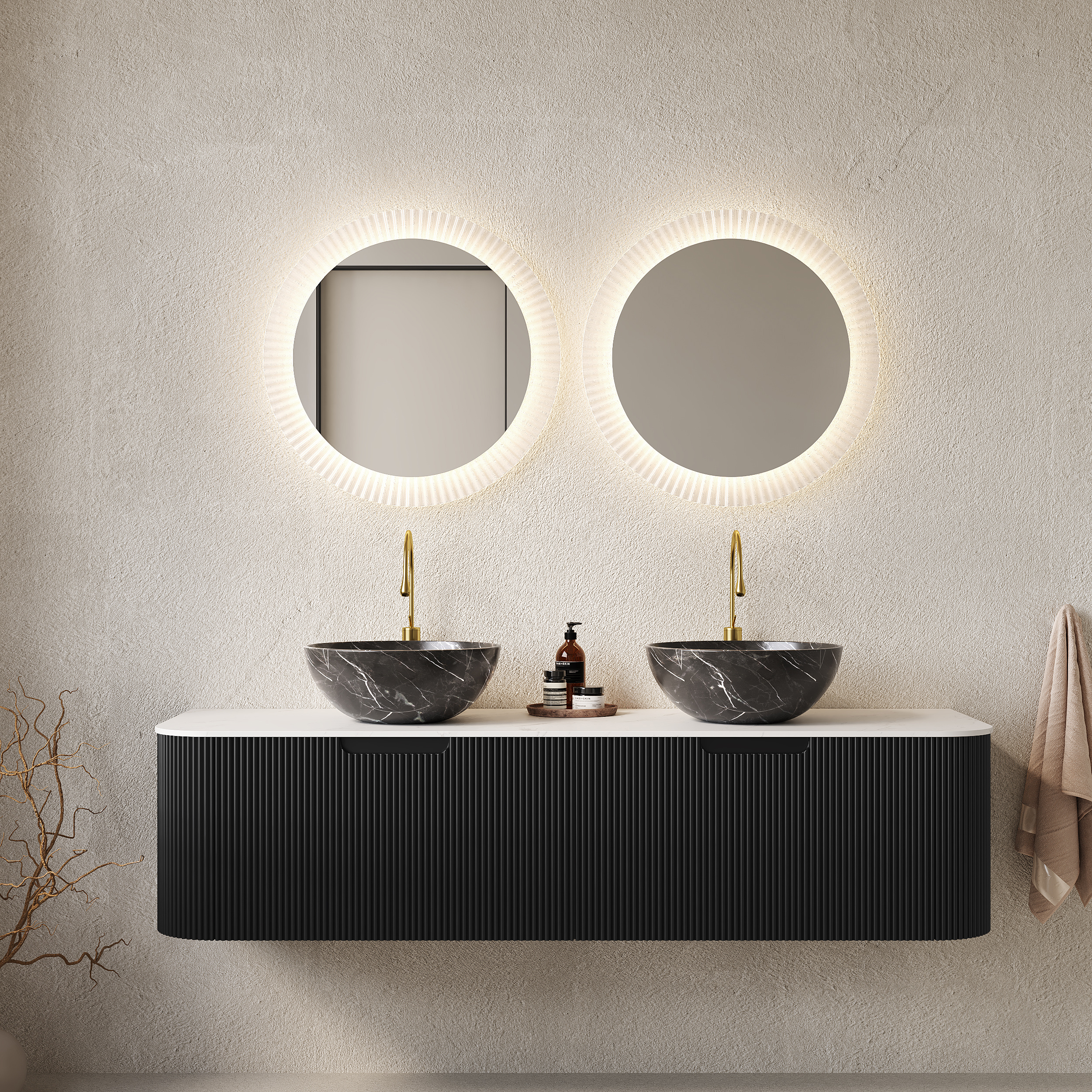 DINA 60 Bathroom Vanity With Sinks, Wall-Mounted Floating Curved Edges Striped Bathroom Storage Cabinet With 2 Drawers, 2 Black Bowl Ceramic Basins With Stone Pattern, Pre-assembled, Black Color