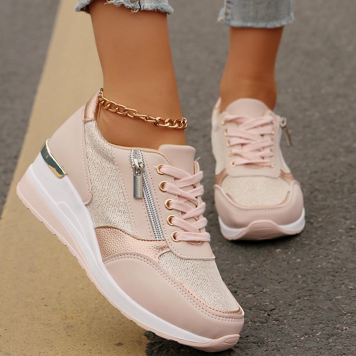 Women's Lace-up Casual Shoes FFashion Side Zipper Design Thick-soled Shoes Walking Running Sports Sneakers - Image 6