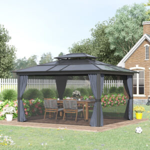 10' x 12' Hardtop Gazebo Canopy with Polycarbonate Roof, Aluminum Frame, Permanent Pavilion Outdoor Gazebo with Netting, for Patio, Garden, Backyard, Deck, Lawn, Black