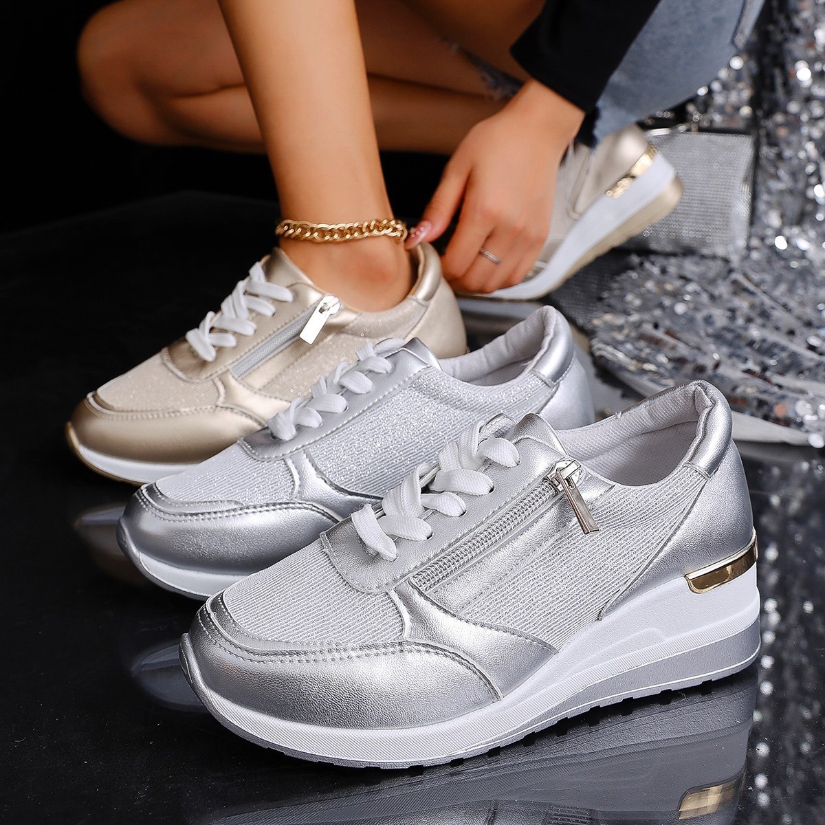 Women's Lace-up Casual Shoes FFashion Side Zipper Design Thick-soled Shoes Walking Running Sports Sneakers - Image 4