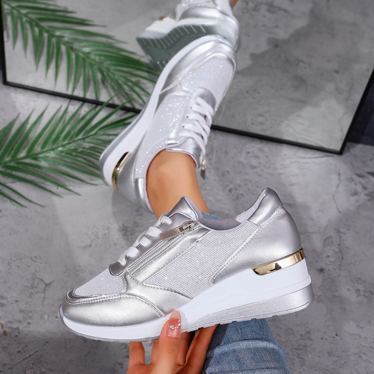 Women's Lace-up Casual Shoes FFashion Side Zipper Design Thick-soled Shoes Walking Running Sports Sneakers - Image 3