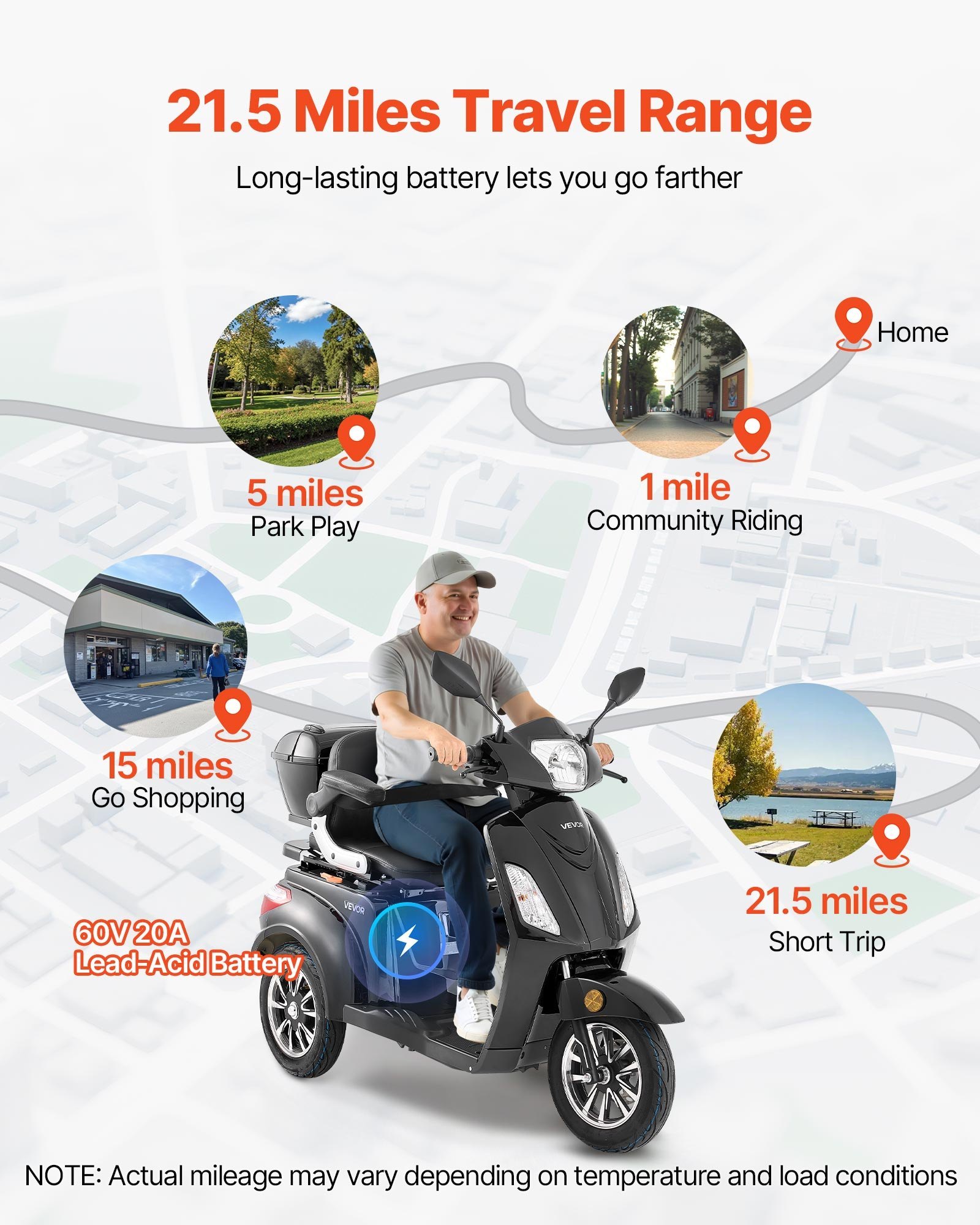 Heavy Duty 3-Wheel Mobility Scooters For Seniors & Adults, 500lbs Capacity, 21.5 Miles 3-Speed Long Range, 1000W All Terrain Electric Recreational Scooter Wheelchair, 20° Max Climbing Capacity - Image 4