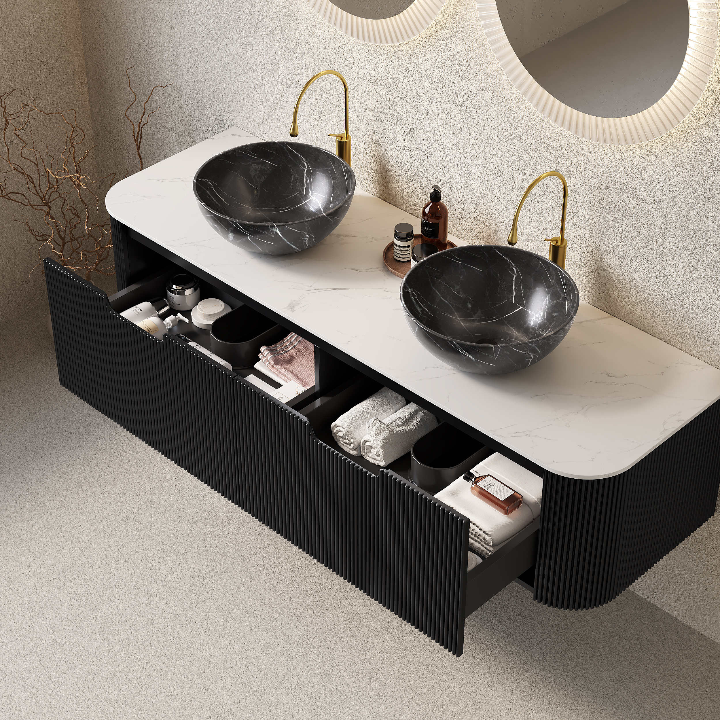 DINA 60 Bathroom Vanity With Sinks, Wall-Mounted Floating Curved Edges Striped Bathroom Storage Cabinet With 2 Drawers, 2 Black Bowl Ceramic Basins With Stone Pattern, Pre-assembled, Black Color - Image 3
