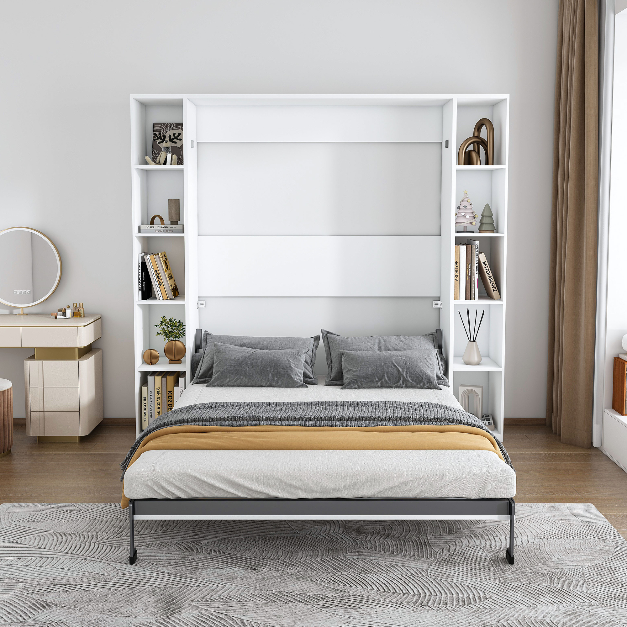 Queen Murphy Bed, 89.7-inch Foldable Wall Bed, With Storage Cabinet, With Hardware Bed Frame And Solid Wood Support Strips, Hidden Bed Frame, Suitable For Bedrooms, Guest Rooms, White - Image 2