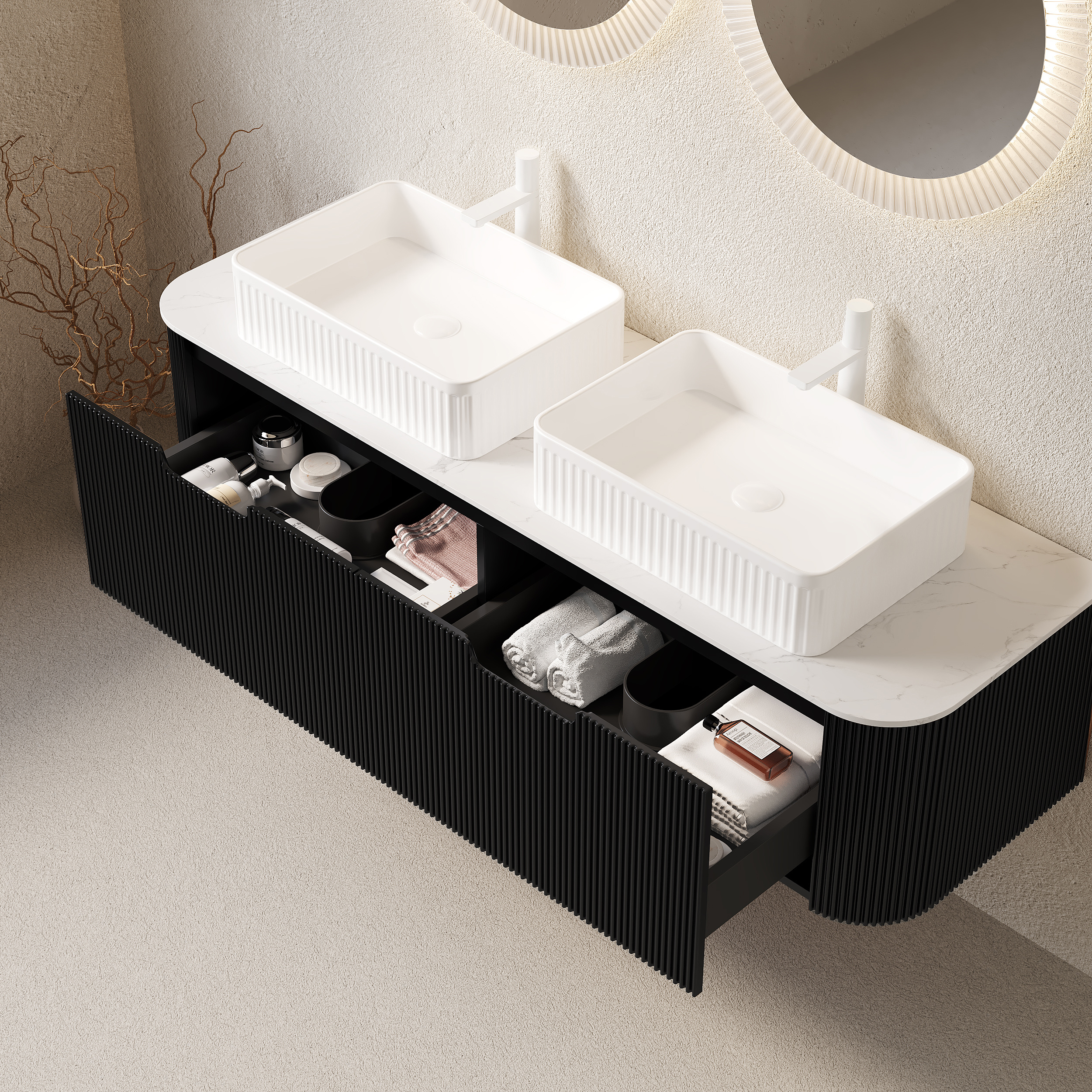 DINA 60 Bathroom Vanity With Sinks, Wall-Mounted Floating Curved Edges Striped Bathroom Storage Cabinet With 2 Drawers, 2 White Rectangular Ceramic Basins, No Faucet, Pre-assembled, Black Color - Image 4