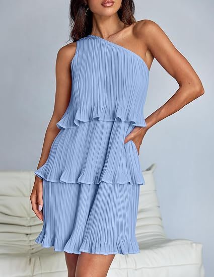 Casual Women's One Off-Shoulder Layered Stitching Hem Dress Simple Solid Color Dress Summer Street High Waist Comfortable Dresses - Image 10