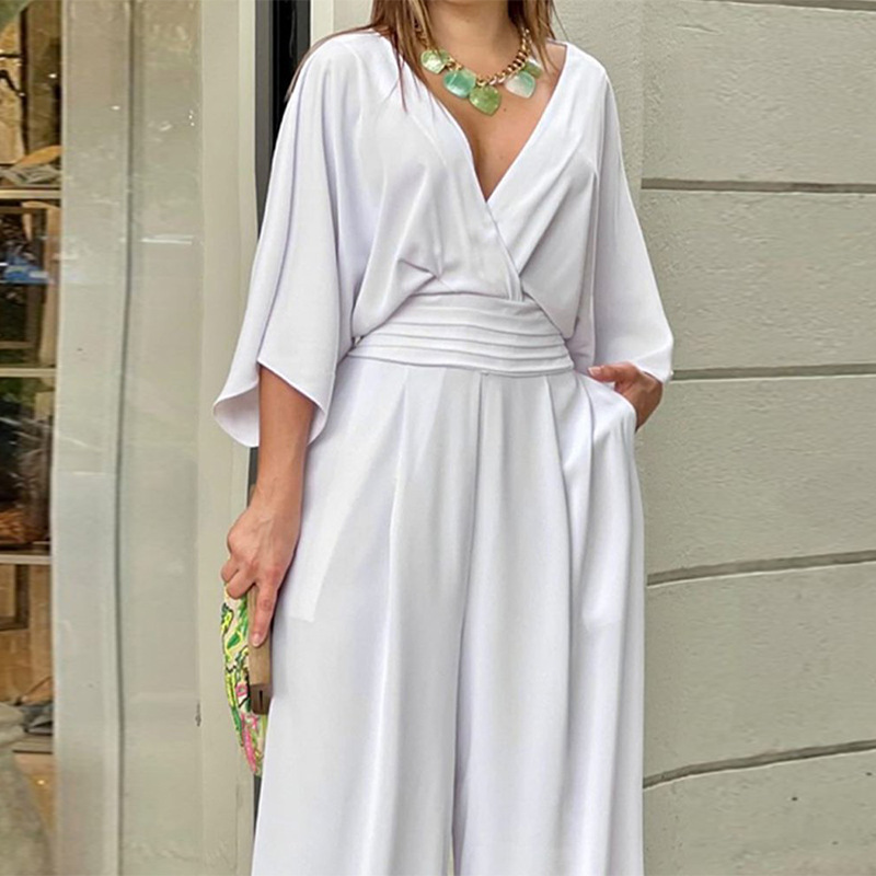 Women's Jumpsuit V-neck Solid Color Summer Trendy Fashion Short-sleeved Street Casual Jumpsuit Suit For Women Clothing - Image 5