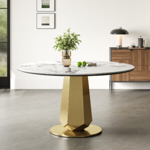53 Inch Luxury Round Dining Table With Sintered Stone Top Modern Kitchen Table For 4-8 People Gold Stainless Steel Base & Easy Assembly Space Saving Breakfast Table For Apartments And Small Spaces