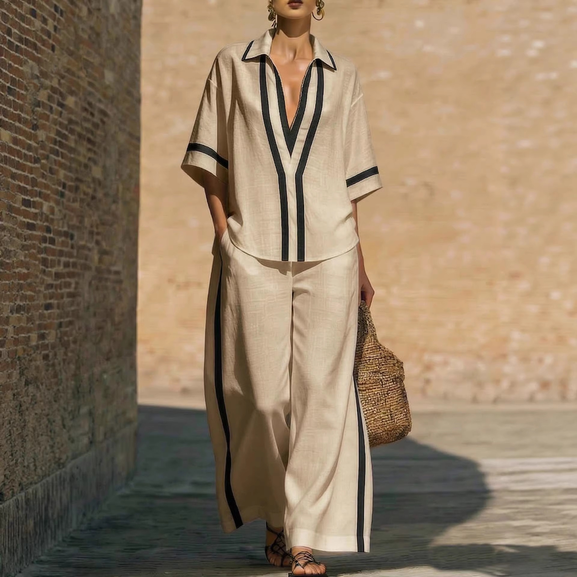 Color Block Short Sleeve Top And Wide Leg Pants Two Piece Set - Casual Summer Loose Fit Matching Outfit For Women Daily Wear - Image 8