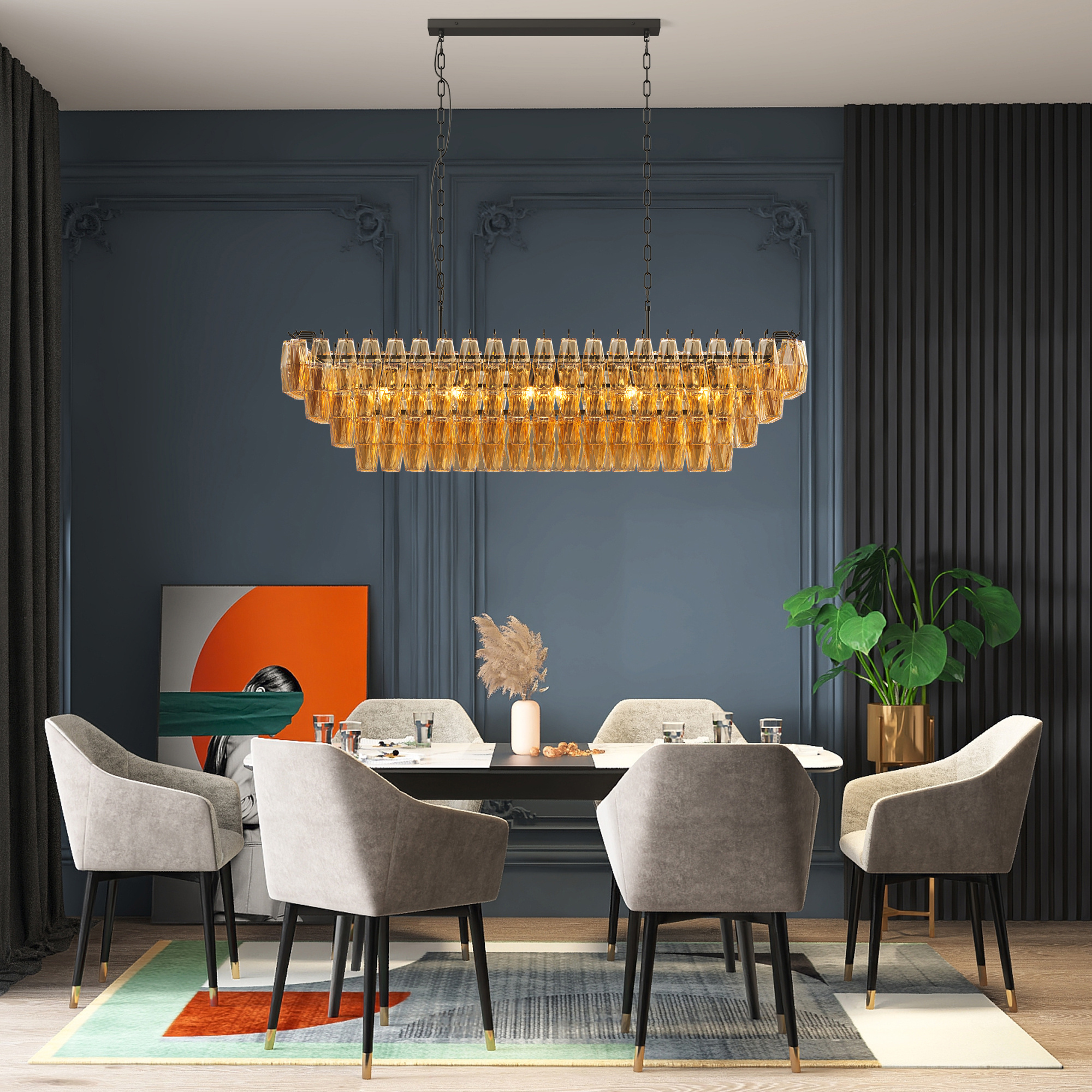 54 Black Rectangular Chandeliers For Dining Room, 12-Light 4 Tiered Large Smoke Glass Chandelier, Modern Kitchen Island Farmhouse Hanging Light Fixture For Living Room FoyerBulb Not Included - Image 2