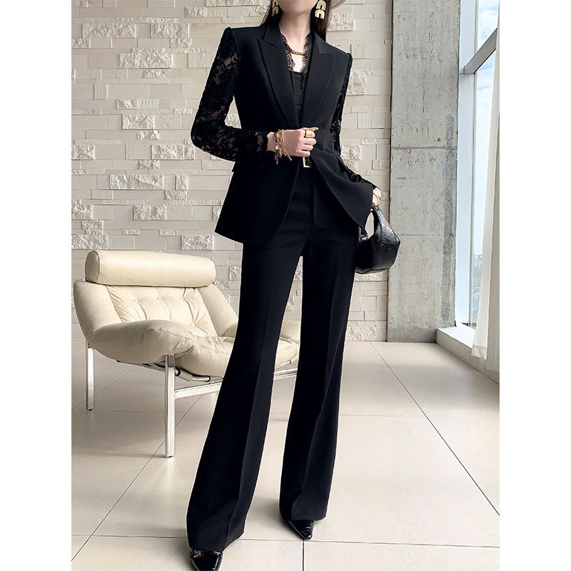 One Button Lace Panelled Blazer And Trousers Two Piece Set - Image 5