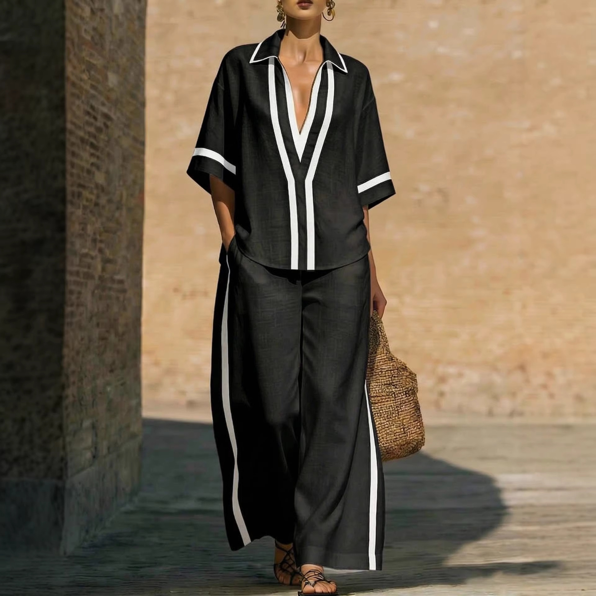 Color Block Short Sleeve Top And Wide Leg Pants Two Piece Set - Casual Summer Loose Fit Matching Outfit For Women Daily Wear - Image 4