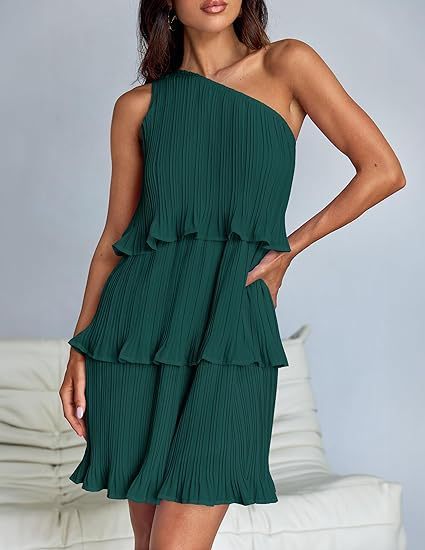 Casual Women's One Off-Shoulder Layered Stitching Hem Dress Simple Solid Color Dress Summer Street High Waist Comfortable Dresses - Image 3
