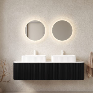 DINA 60 Bathroom Vanity With Sinks, Wall-Mounted Floating Curved Edges Striped Bathroom Storage Cabinet With 2 Drawers, 2 White Rectangular Ceramic Basins, No Faucet, Pre-assembled, Black Color
