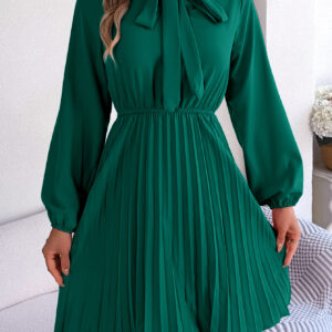 Women's Elegant Tie Waist Long Sleeve Pleated Skirt