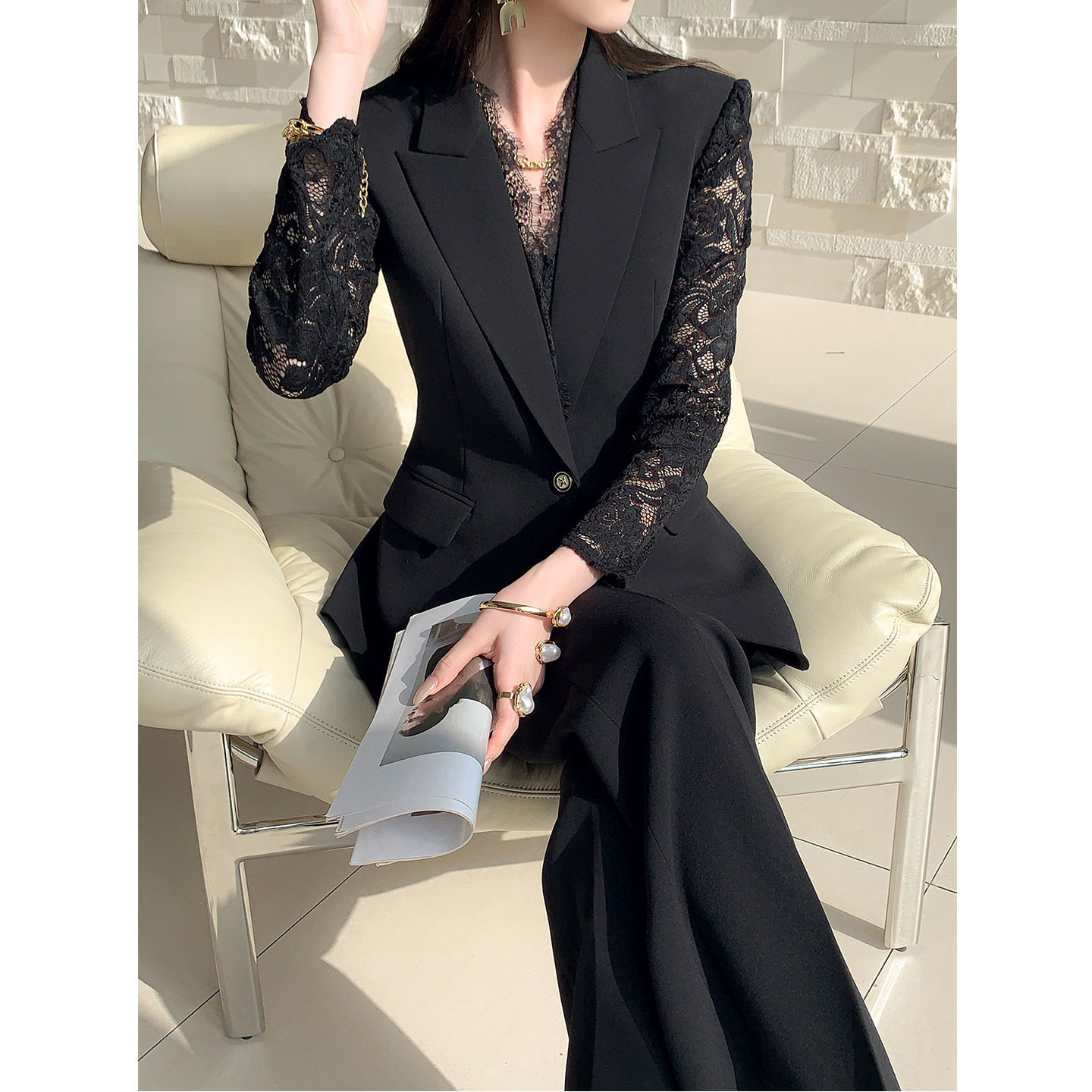 One Button Lace Panelled Blazer And Trousers Two Piece Set - Image 2