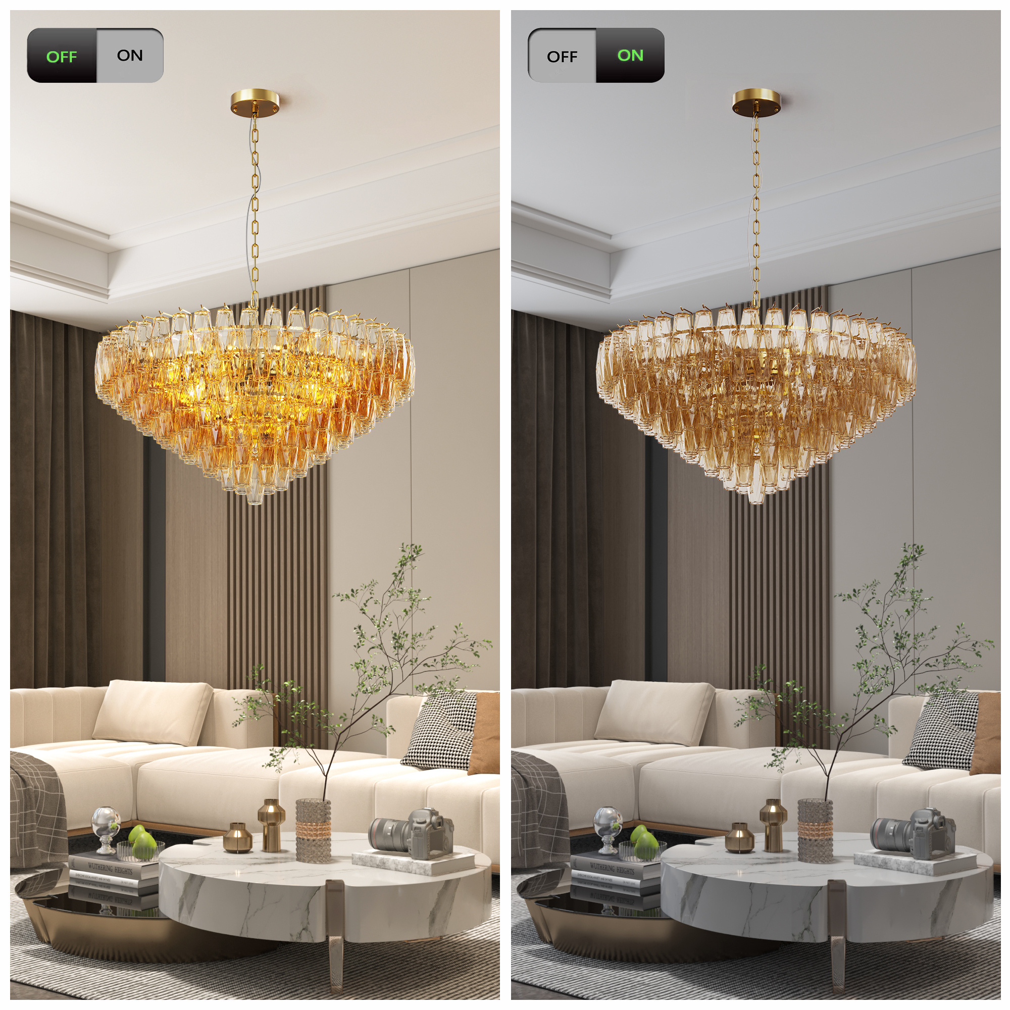 37 Extra Large Chandelier, 14-Light Gold Modern Round Chandelier For Living Room, Tiered Smoke Blown Glass Brass Chandeliers, Hanging Light Fixture For Bedroom, Dining Room, Foyer, Entryway - Image 2