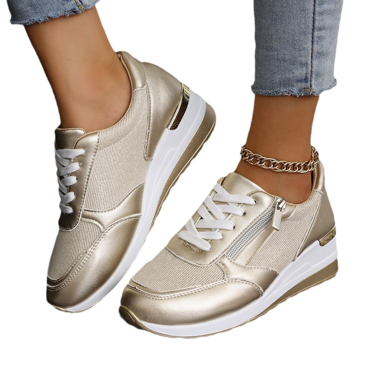 Women's Lace-up Casual Shoes FFashion Side Zipper Design Thick-soled Shoes Walking Running Sports Sneakers - Image 5
