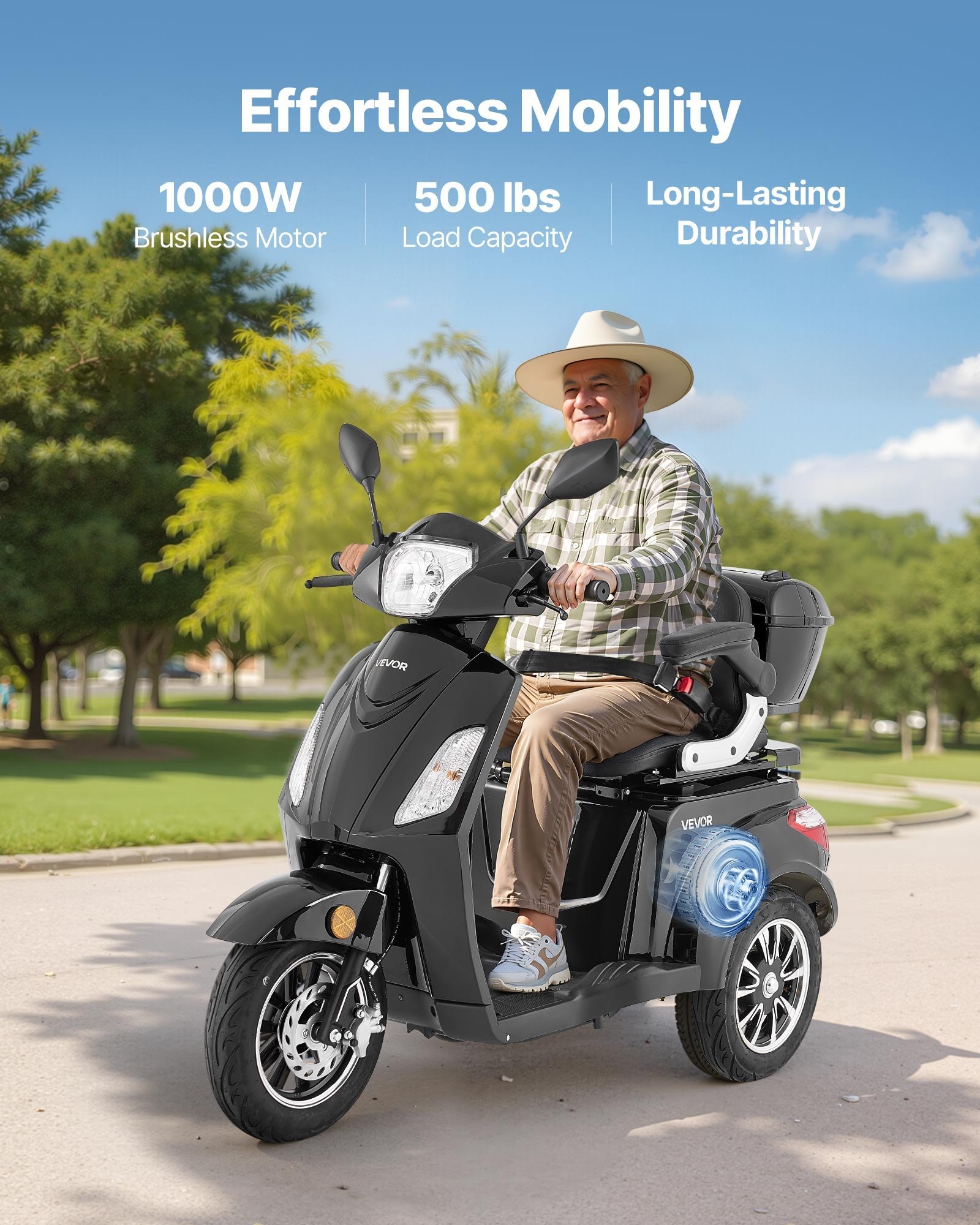 Heavy Duty 3-Wheel Mobility Scooters For Seniors & Adults, 500lbs Capacity, 21.5 Miles 3-Speed Long Range, 1000W All Terrain Electric Recreational Scooter Wheelchair, 20° Max Climbing Capacity - Image 3