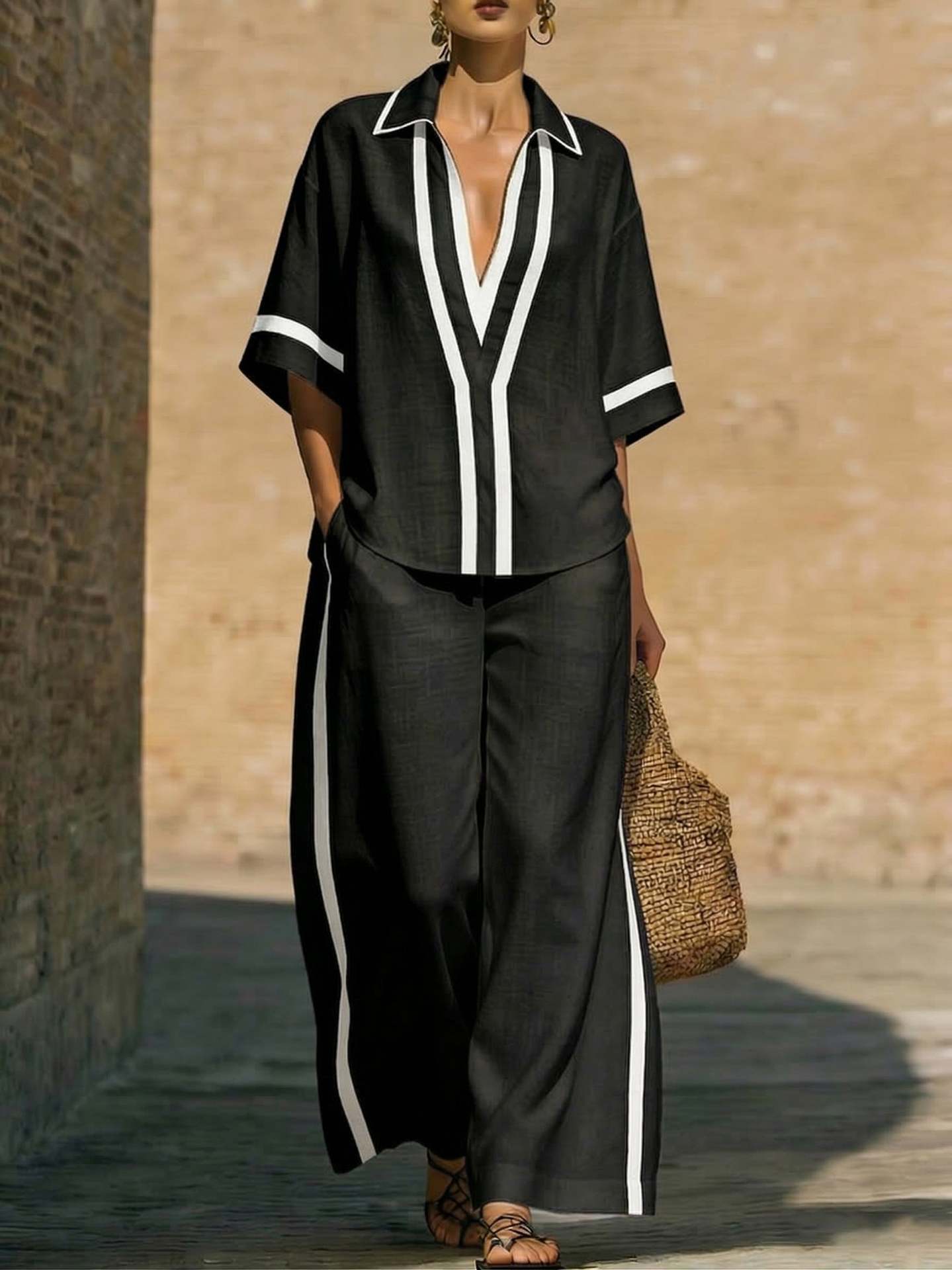 Color Block Short Sleeve Top And Wide Leg Pants Two Piece Set - Casual Summer Loose Fit Matching Outfit For Women Daily Wear - Image 10