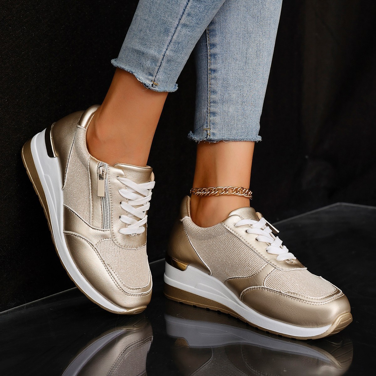 Women's Lace-up Casual Shoes FFashion Side Zipper Design Thick-soled Shoes Walking Running Sports Sneakers - Image 7