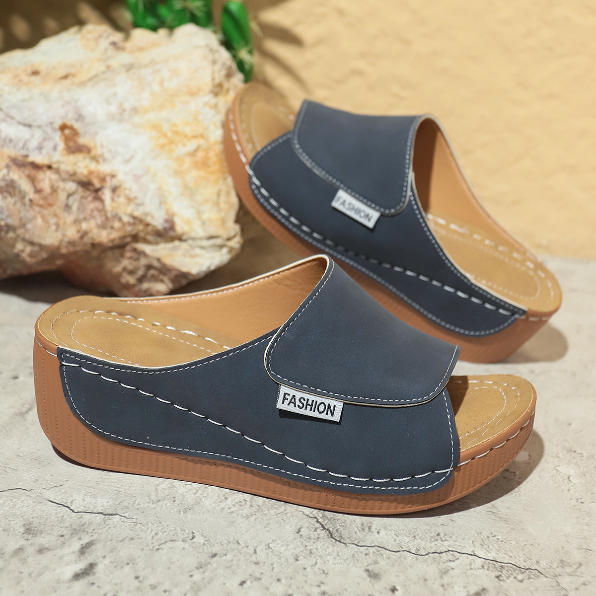 Summer Wedge Slides Slippers Fashion Fish Mouth Thick Bottom Roman Shoes Solid Color Beach Sandals For Women - Image 5