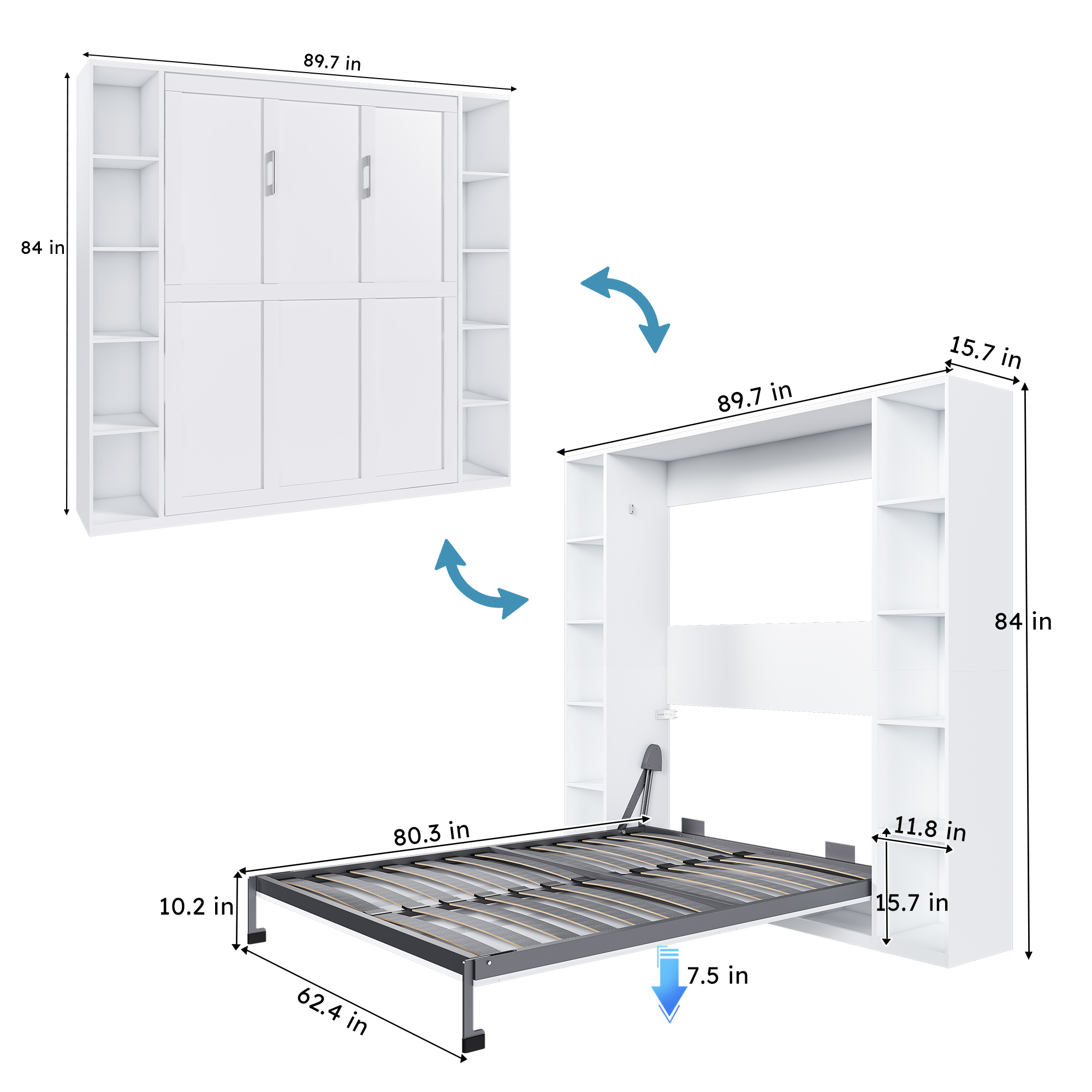 Queen Murphy Bed, 89.7-inch Foldable Wall Bed, With Storage Cabinet, With Hardware Bed Frame And Solid Wood Support Strips, Hidden Bed Frame, Suitable For Bedrooms, Guest Rooms, White - Image 3