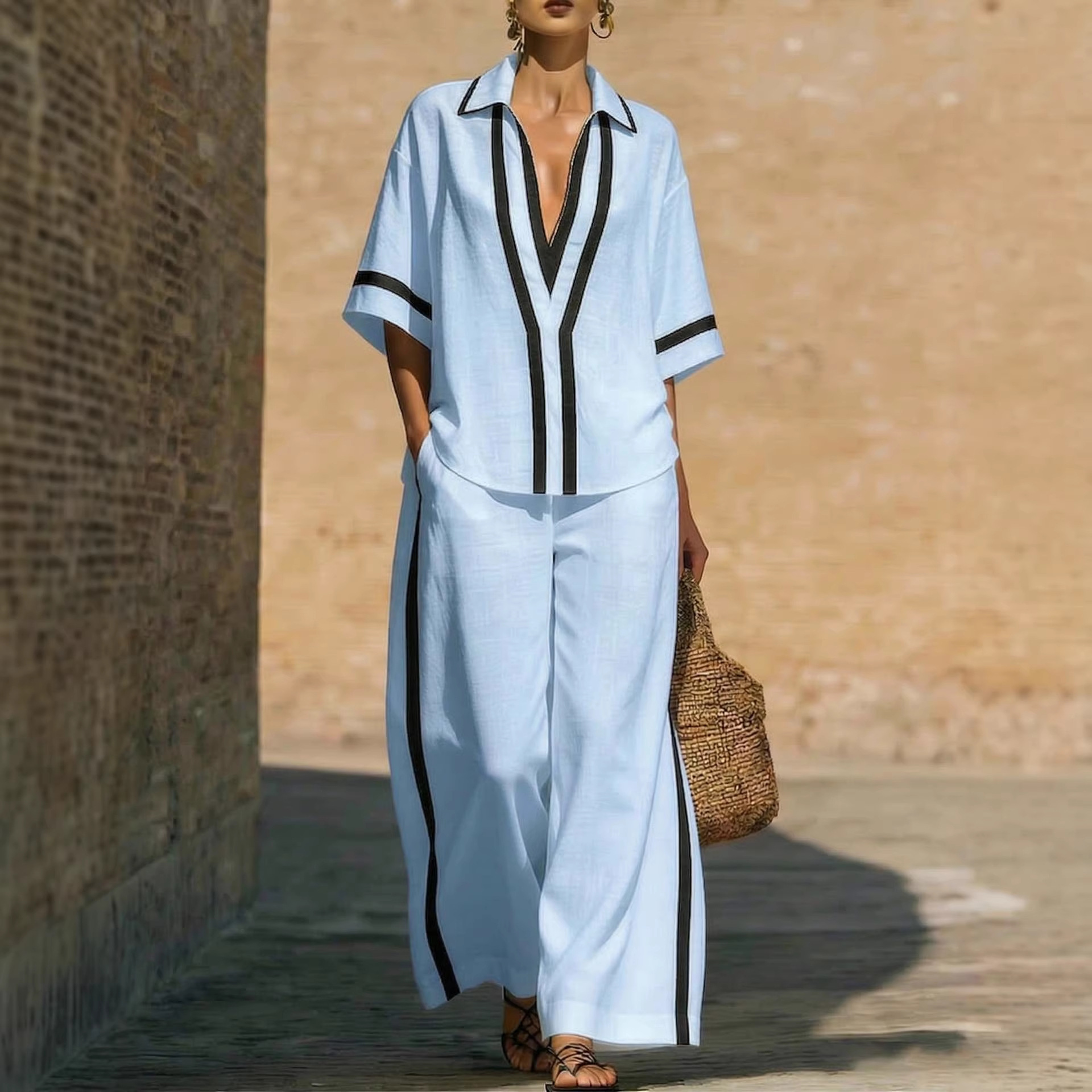 Color Block Short Sleeve Top And Wide Leg Pants Two Piece Set - Casual Summer Loose Fit Matching Outfit For Women Daily Wear - Image 5