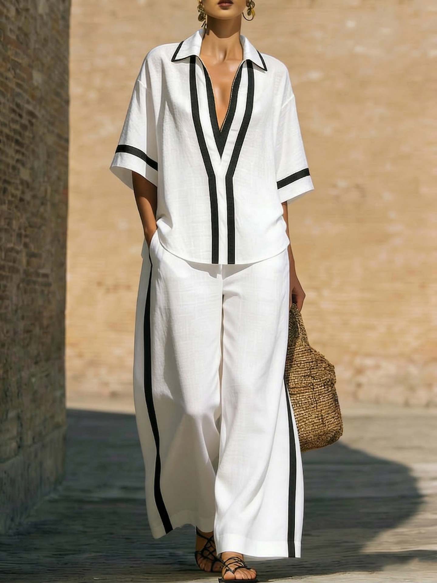 Color Block Short Sleeve Top And Wide Leg Pants Two Piece Set - Casual Summer Loose Fit Matching Outfit For Women Daily Wear - Image 2