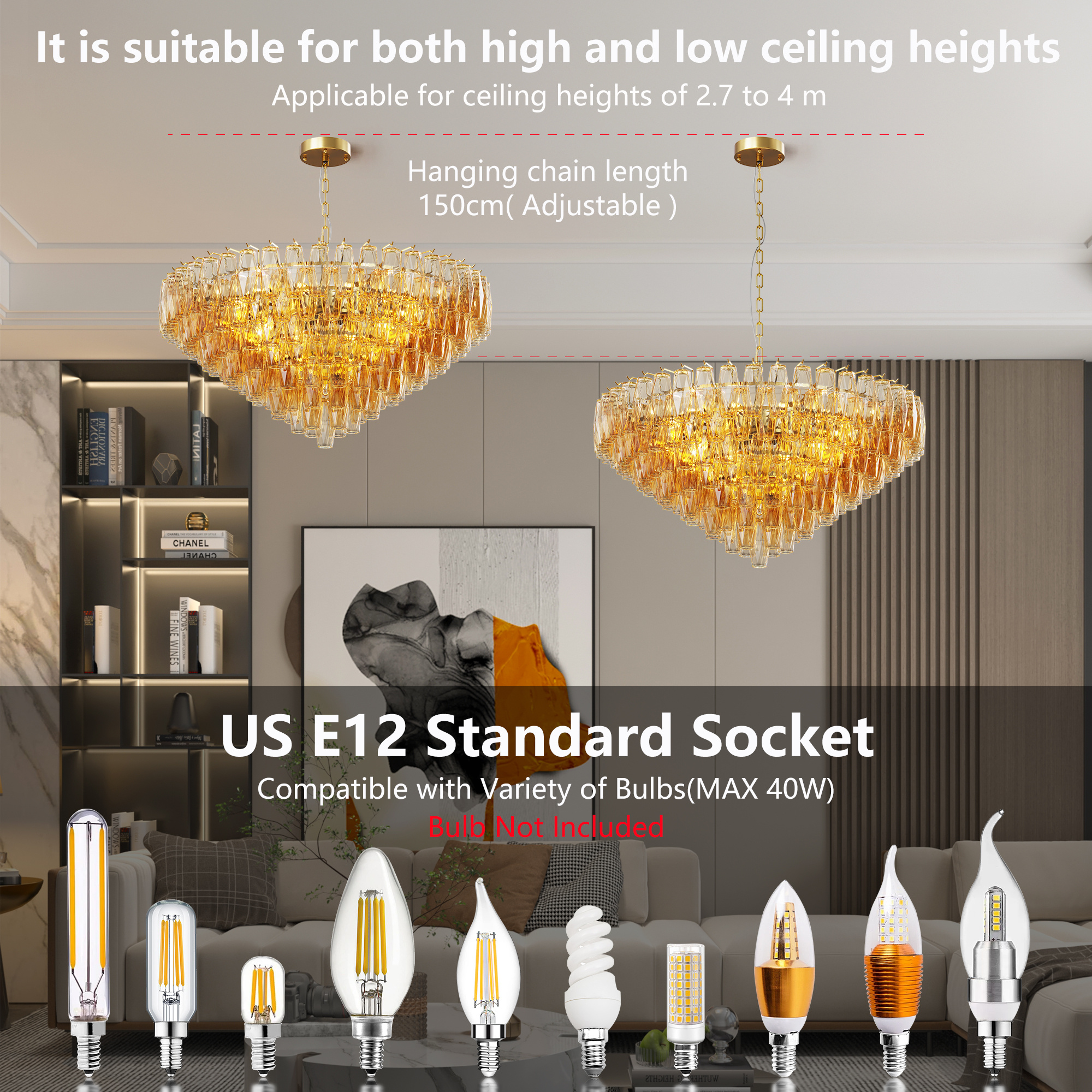 37 Extra Large Chandelier, 14-Light Gold Modern Round Chandelier For Living Room, Tiered Smoke Blown Glass Brass Chandeliers, Hanging Light Fixture For Bedroom, Dining Room, Foyer, Entryway - Image 3