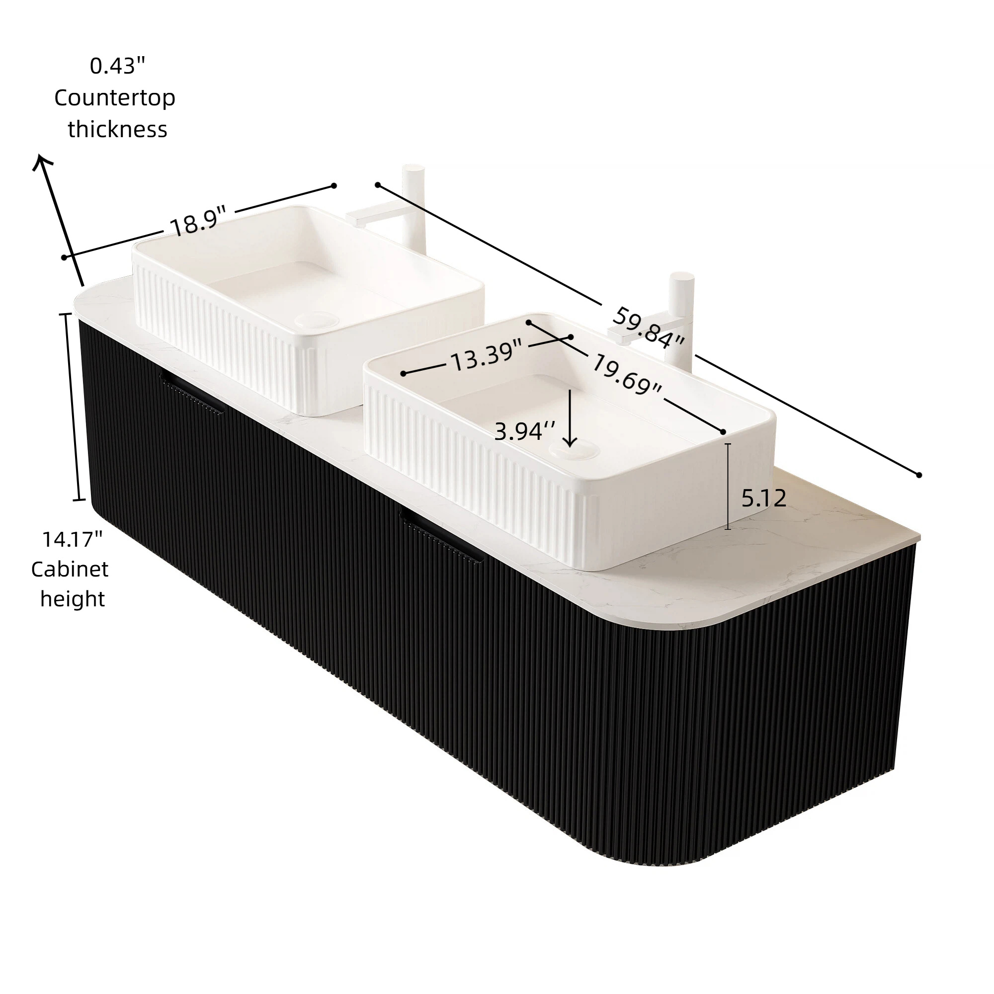 DINA 60 Bathroom Vanity With Sinks, Wall-Mounted Floating Curved Edges Striped Bathroom Storage Cabinet With 2 Drawers, 2 White Rectangular Ceramic Basins, No Faucet, Pre-assembled, Black Color - Image 5