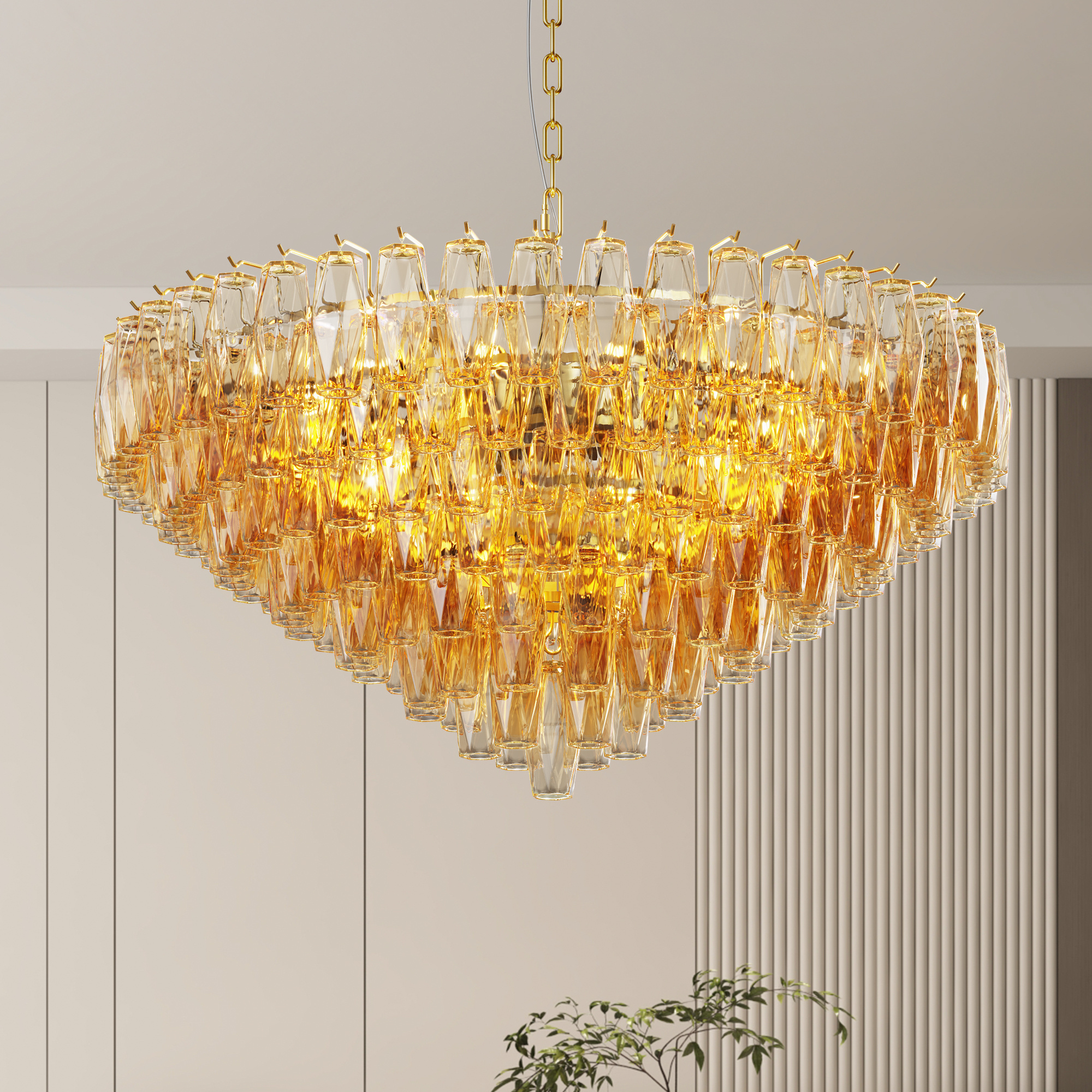 37 Extra Large Chandelier, 14-Light Gold Modern Round Chandelier For Living Room, Tiered Smoke Blown Glass Brass Chandeliers, Hanging Light Fixture For Bedroom, Dining Room, Foyer, Entryway - Image 4