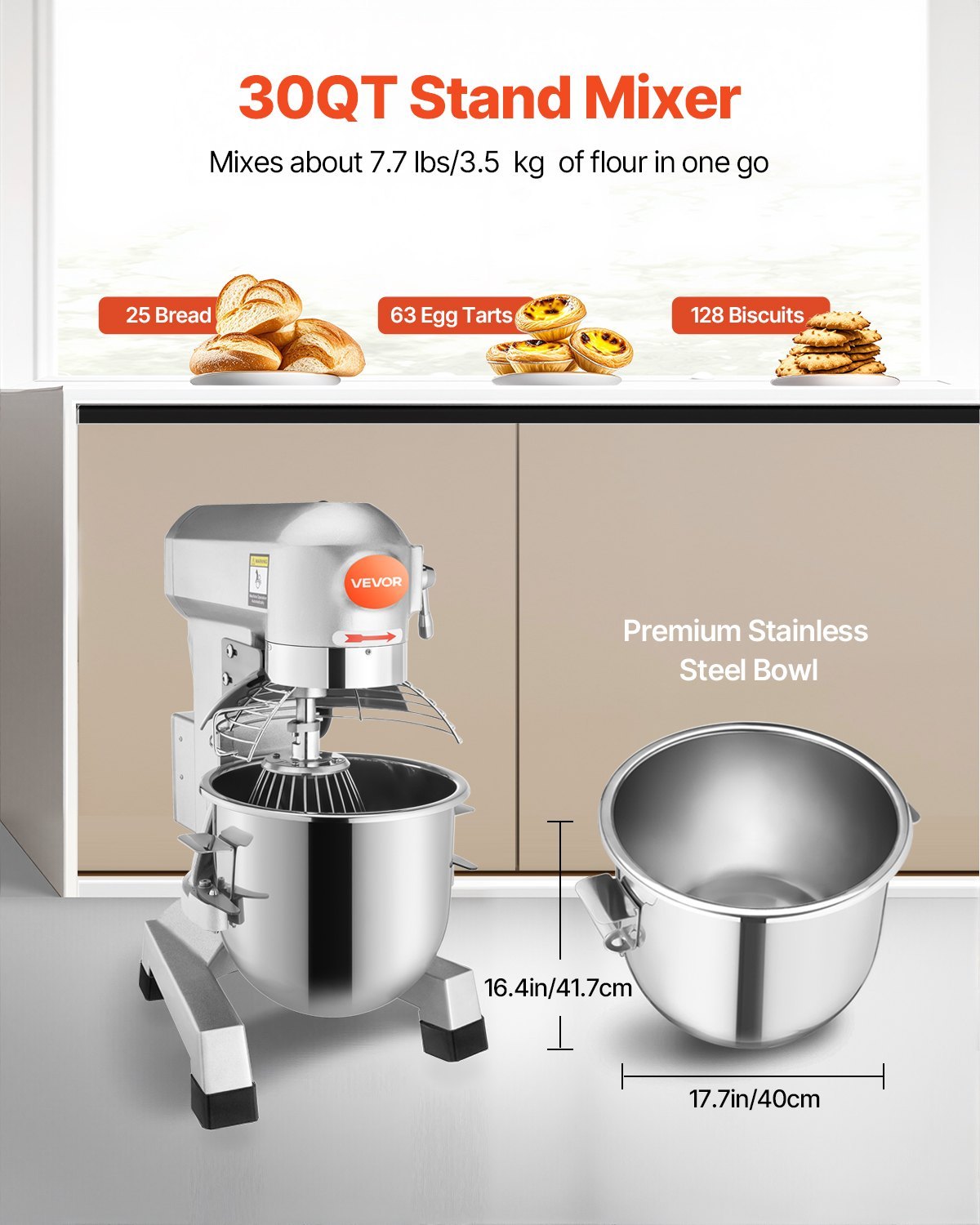 Commercial Food Mixer 30Qt 1100W 3 Speeds Adjustable 105/180/408 RPM Heavy Duty 110V With Stainless Steel Bowl Dough Hooks Whisk Beater For Schools Bakeries Restaurants Pizzerias - Image 3