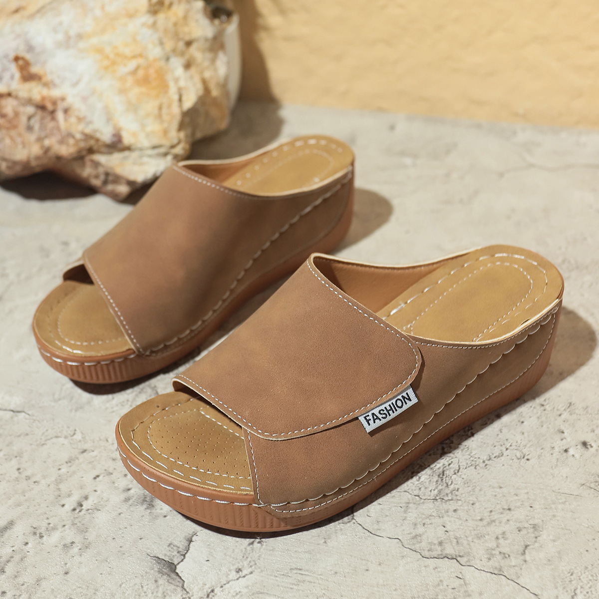Summer Wedge Slides Slippers Fashion Fish Mouth Thick Bottom Roman Shoes Solid Color Beach Sandals For Women - Image 2