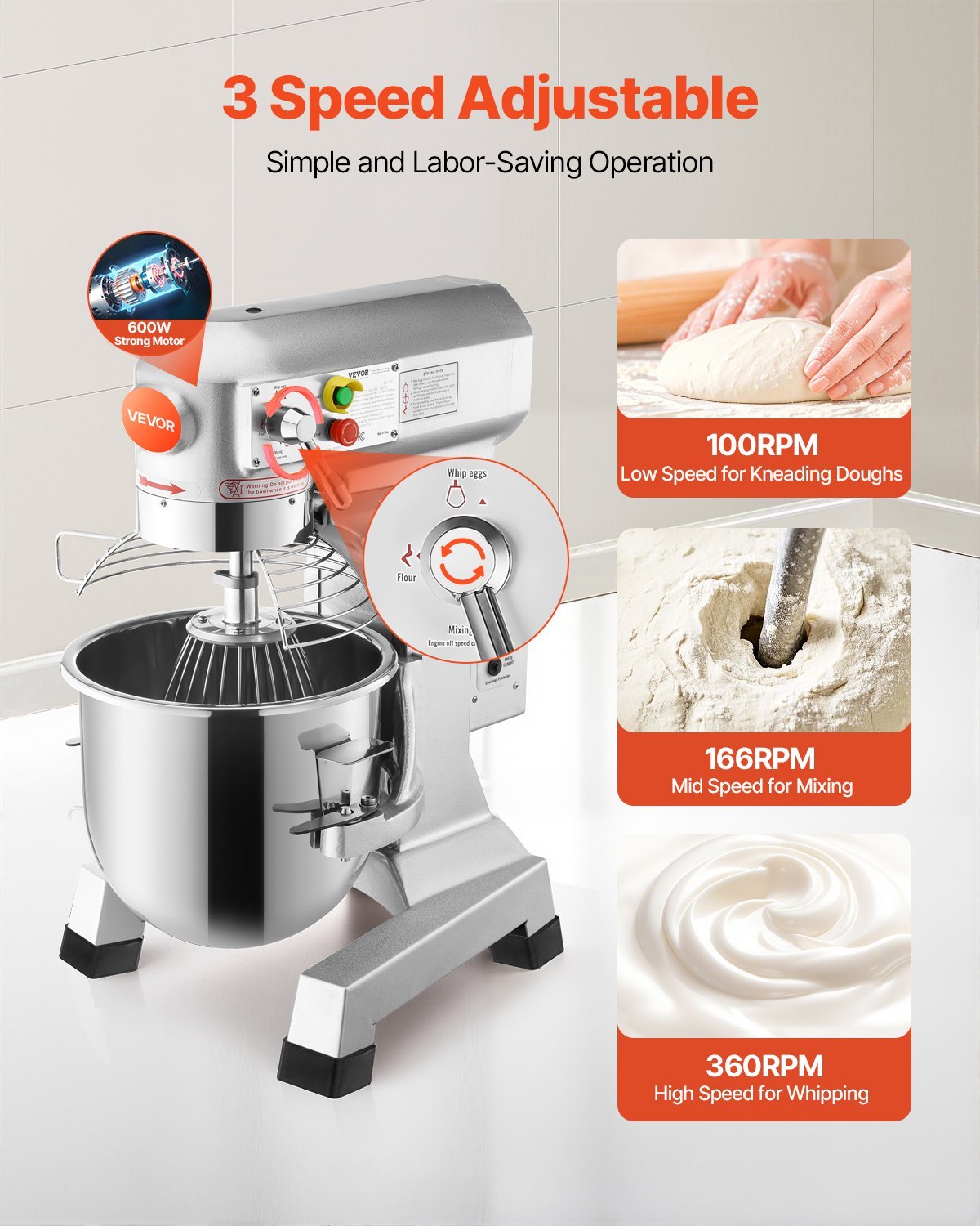 Commercial Food Mixer 30Qt 1100W 3 Speeds Adjustable 105/180/408 RPM Heavy Duty 110V With Stainless Steel Bowl Dough Hooks Whisk Beater For Schools Bakeries Restaurants Pizzerias - Image 2