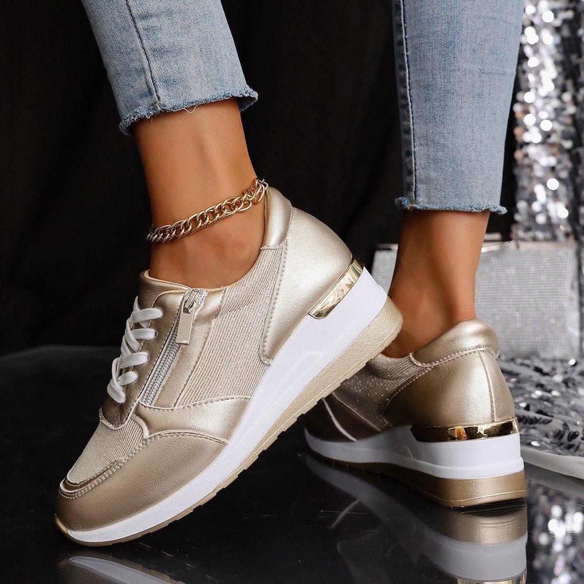 Women's Lace-up Casual Shoes FFashion Side Zipper Design Thick-soled Shoes Walking Running Sports Sneakers - Image 2