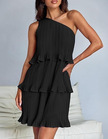 Casual Women's One Off-Shoulder Layered Stitching Hem Dress Simple Solid Color Dress Summer Street High Waist Comfortable Dresses - Image 5