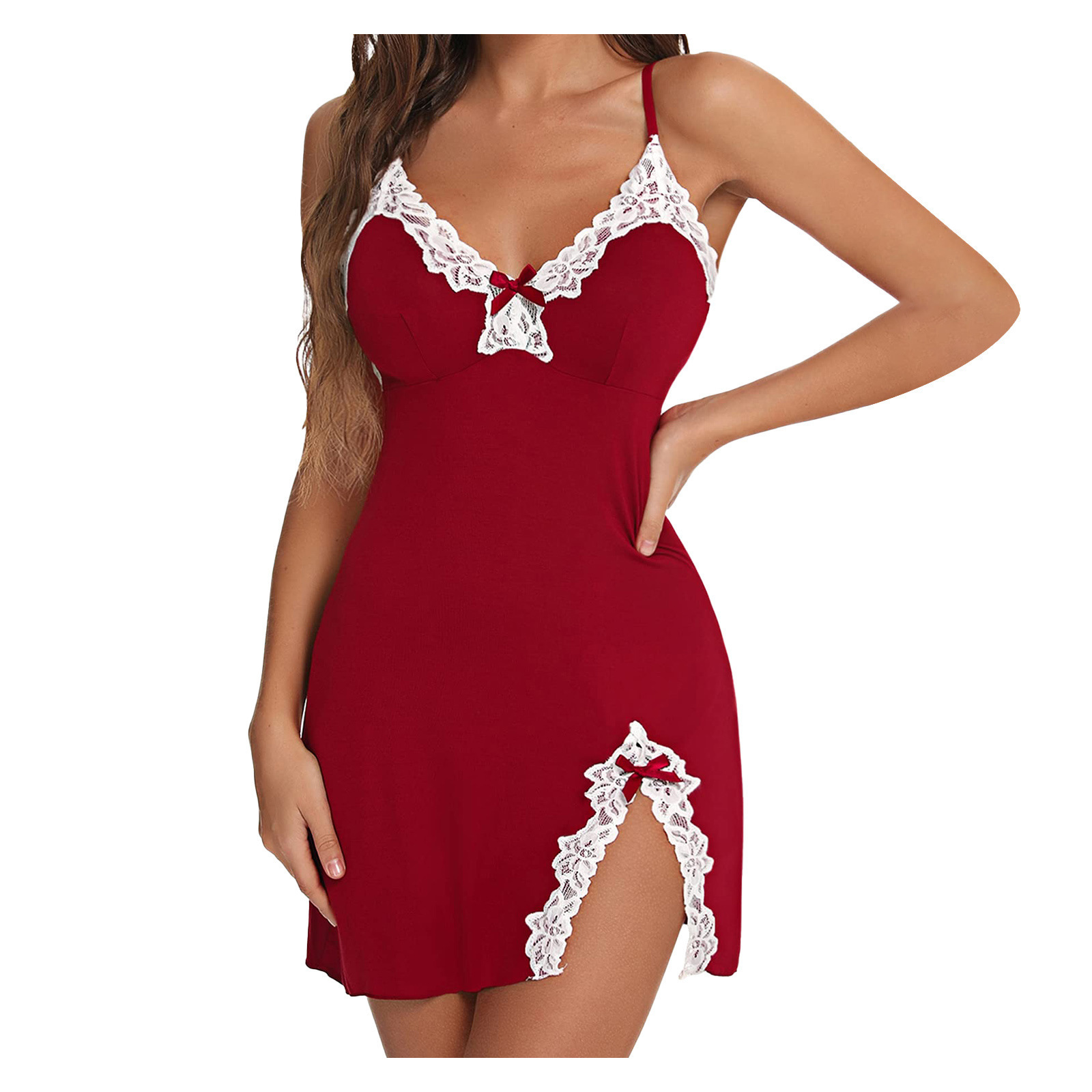Push Up Deep V Bow Side Slit Slim Fit Slip Nightdress Suit - Image 4