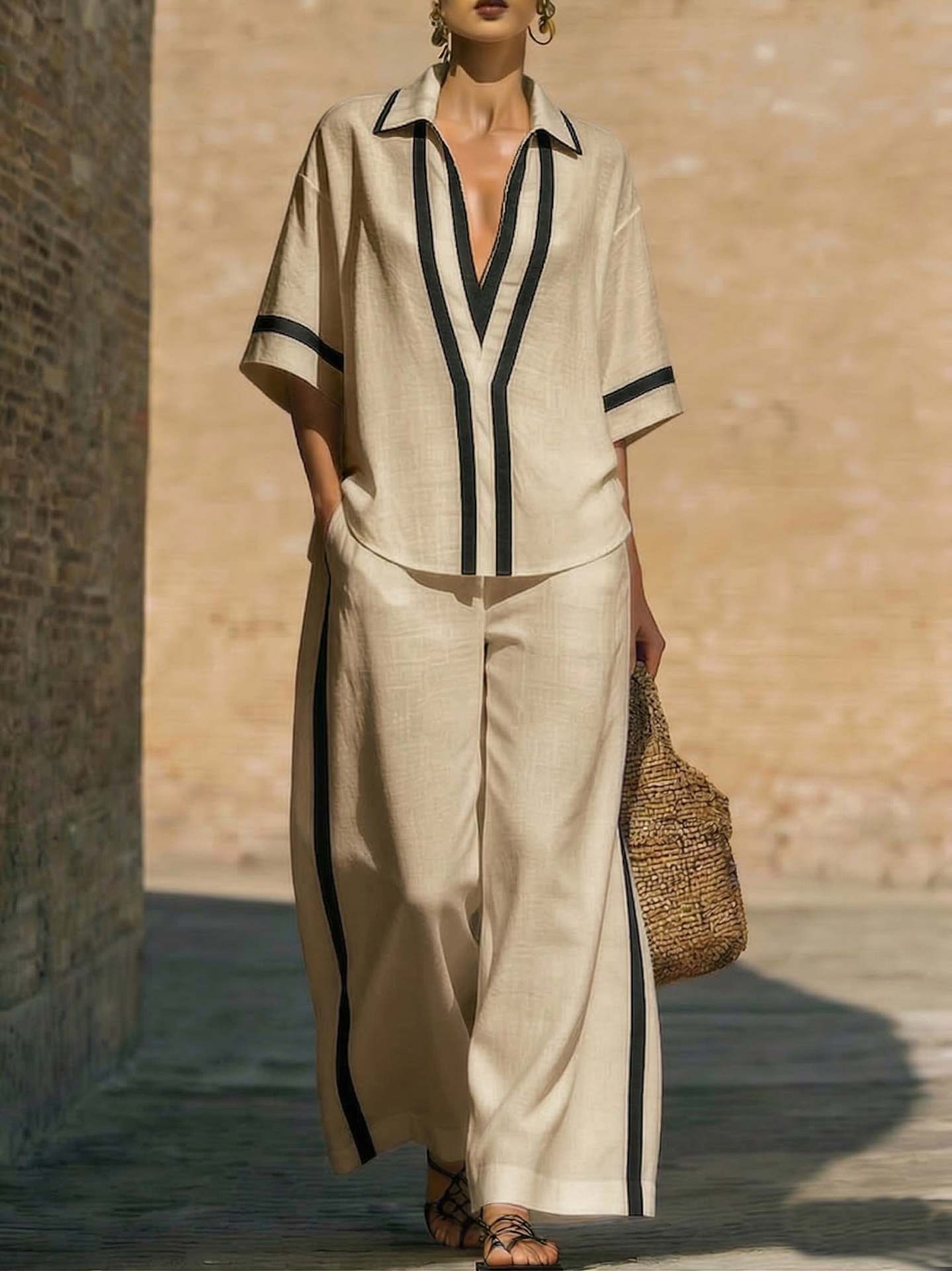 Color Block Short Sleeve Top And Wide Leg Pants Two Piece Set - Casual Summer Loose Fit Matching Outfit For Women Daily Wear - Image 7