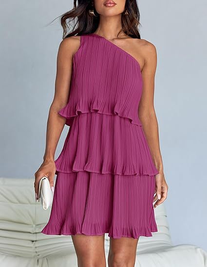 Casual Women's One Off-Shoulder Layered Stitching Hem Dress Simple Solid Color Dress Summer Street High Waist Comfortable Dresses - Image 4