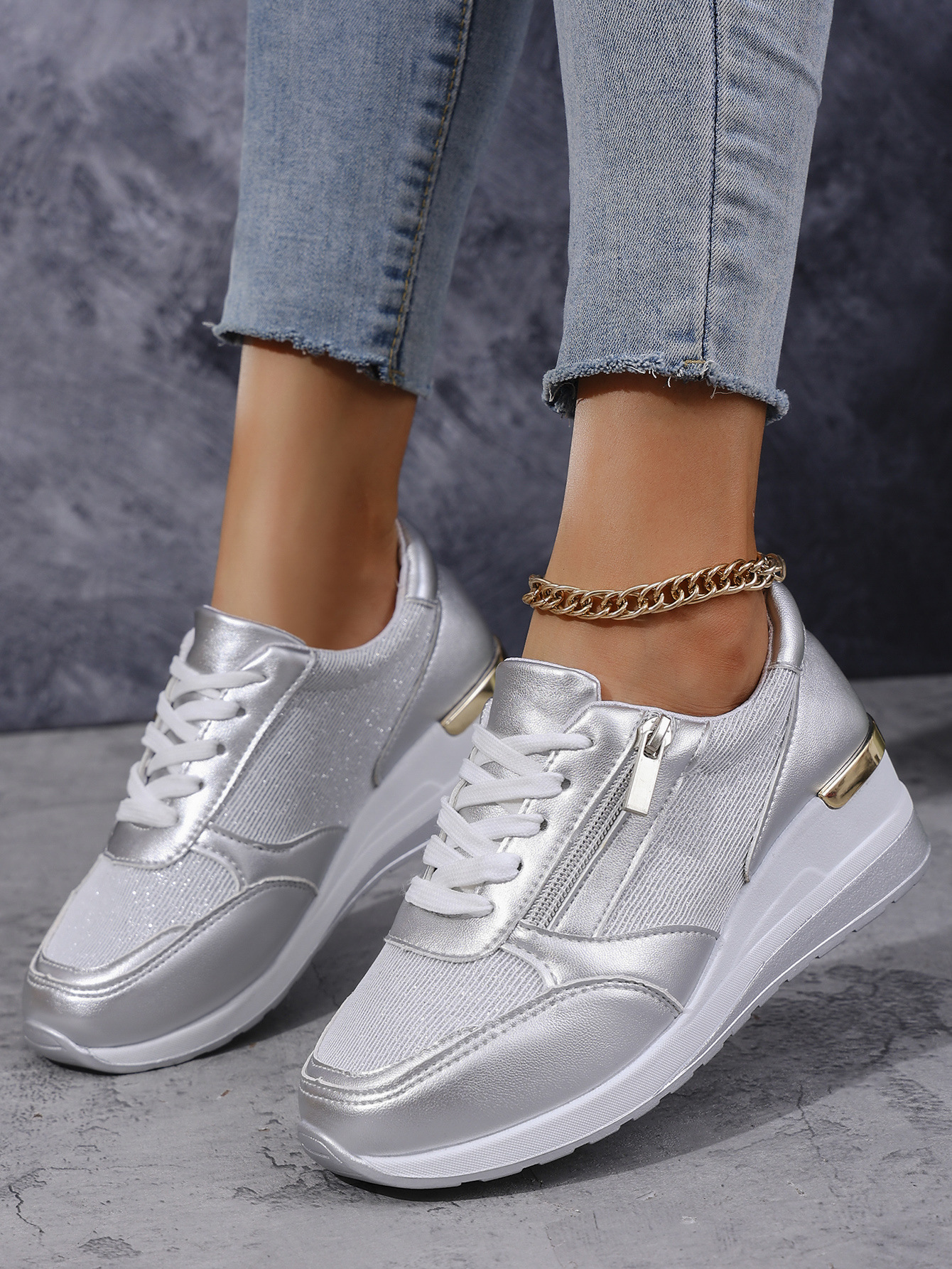 Women's Lace-up Casual Shoes FFashion Side Zipper Design Thick-soled Shoes Walking Running Sports Sneakers - Image 10