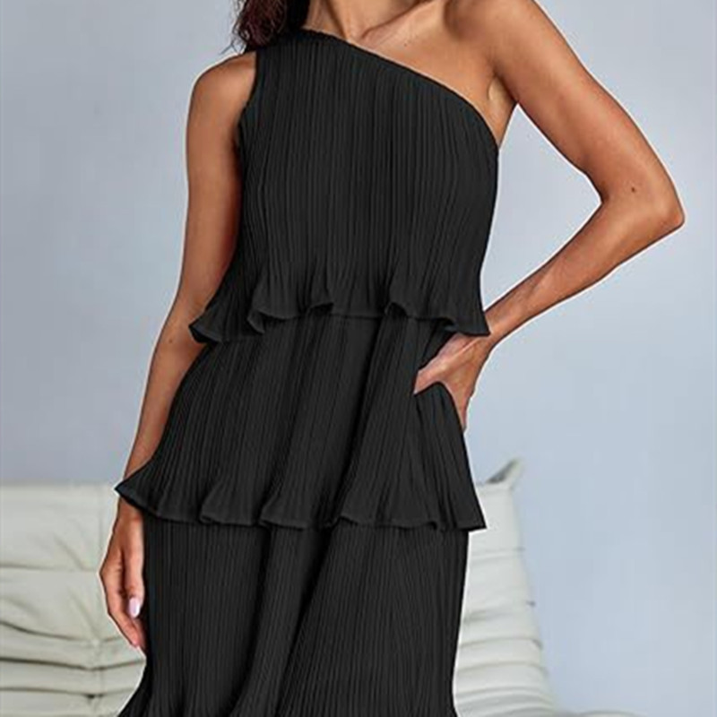 Casual Women's One Off-Shoulder Layered Stitching Hem Dress Simple Solid Color Dress Summer Street High Waist Comfortable Dresses - Image 7