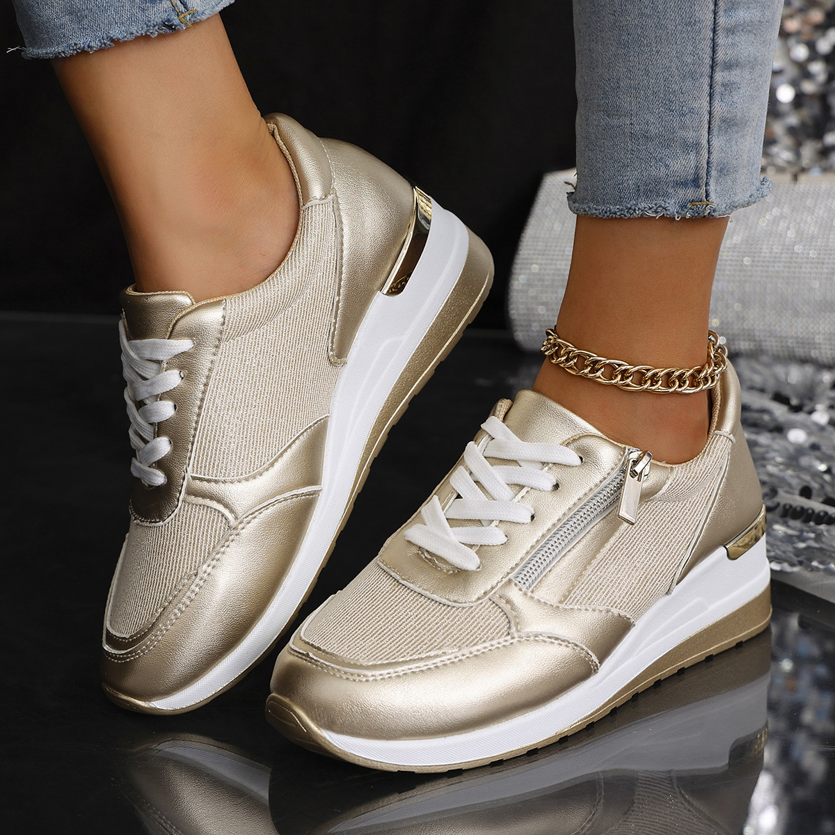 Women's Lace-up Casual Shoes FFashion Side Zipper Design Thick-soled Shoes Walking Running Sports Sneakers - Image 8