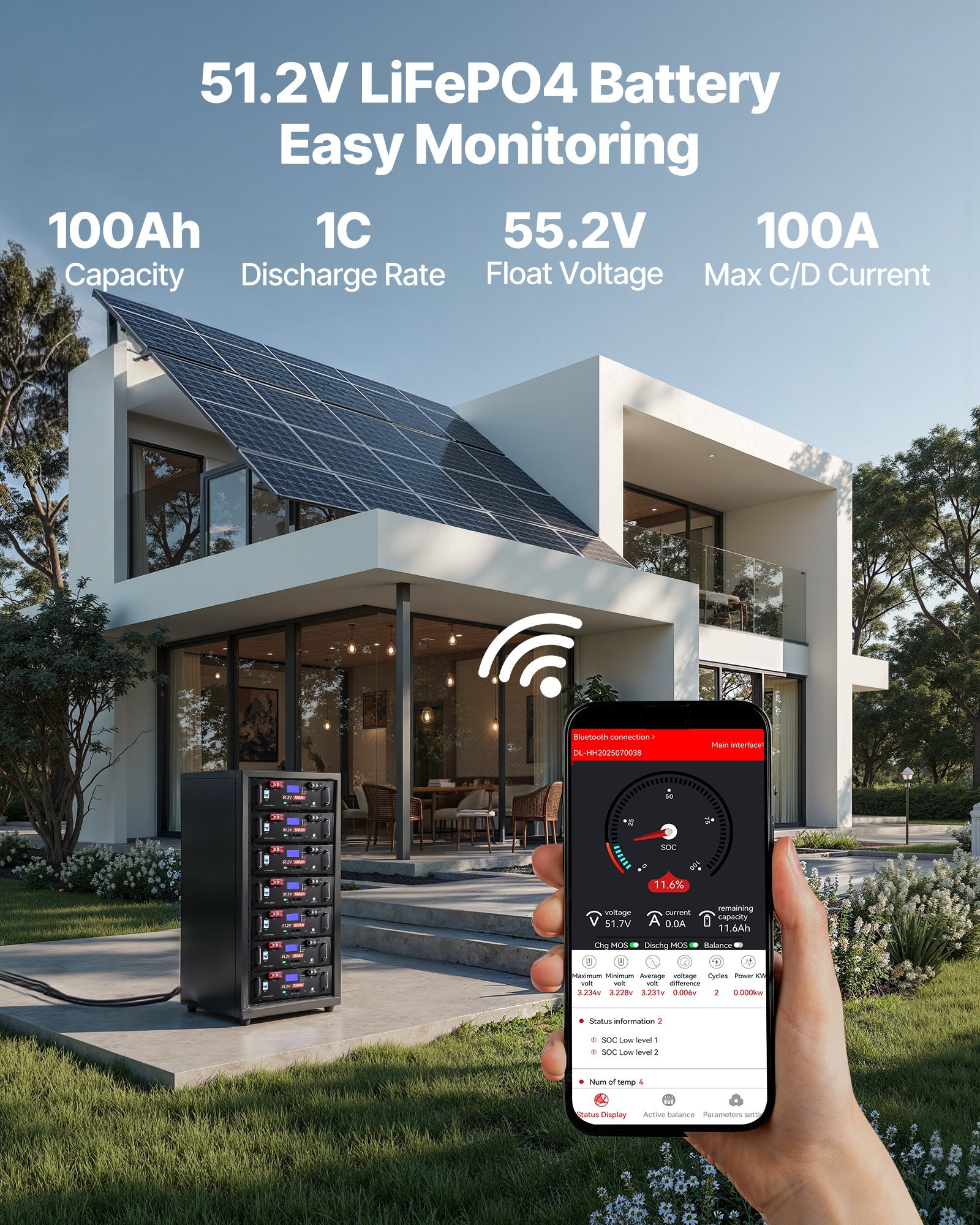 48V 400Ah LiFePO4 Lithium Battery, 4 Pack 100Ah, 20.48kWh Capacity, 51.2V Server Rack LiFePO4 Battery With Bluetooth, Max 6000 Cycles, LCD Display, For Off-Grid, Solar System, Backup Power - Image 5