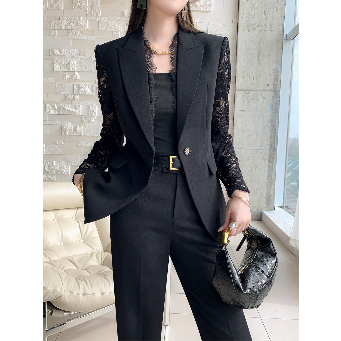 One Button Lace Panelled Blazer And Trousers Two Piece Set - Image 6
